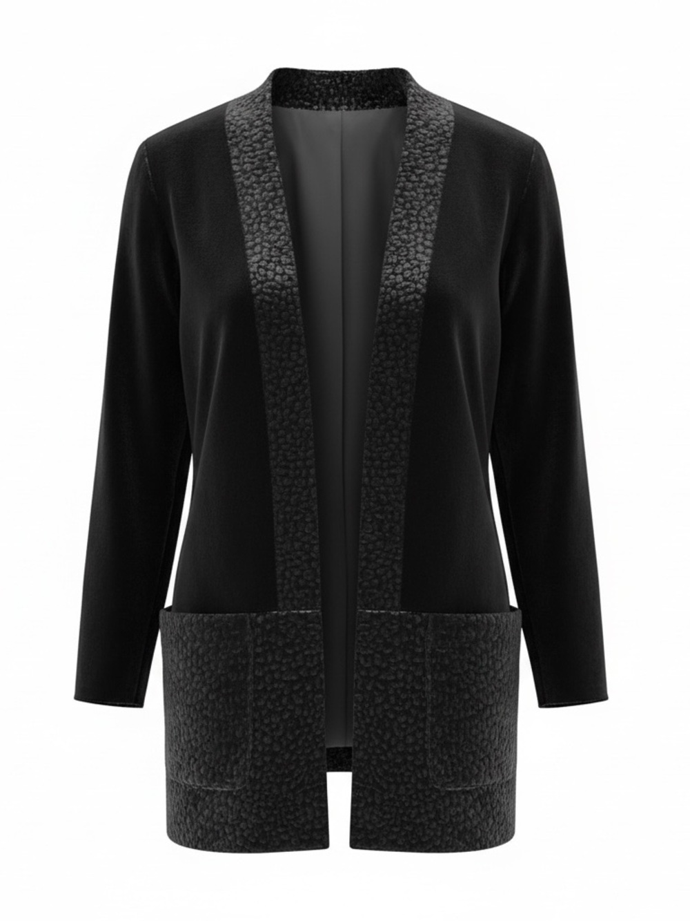 Vintage 80s Black Velvet Open-Front Blazer with Textured Trim